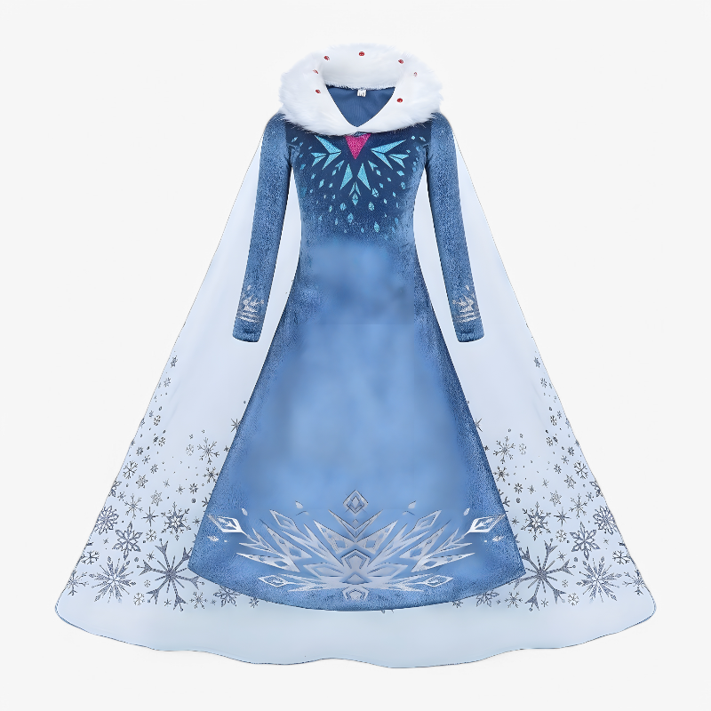Betoverend Prinsessen Kostuum voor Kinderen – Sneeuwvlokkenprint met Bontkraag, Kroon en Sterwandelstok-Mijn Verkleedkist