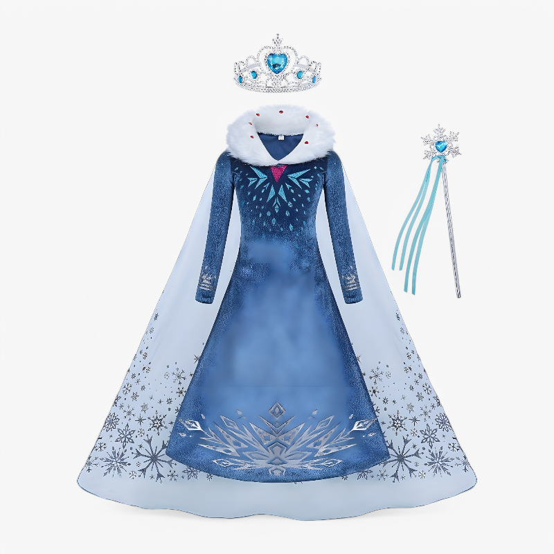 Betoverend Prinsessen Kostuum voor Kinderen – Sneeuwvlokkenprint met Bontkraag, Kroon en Sterwandelstok-Mijn Verkleedkist