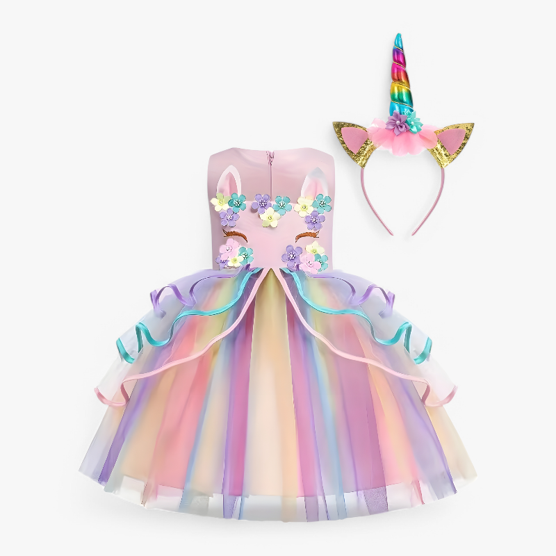 Fantasierijke Eenhoorn Prinsessenjurk – Met Bloemen en Kleurrijke Tulle-Mijn Verkleedkist