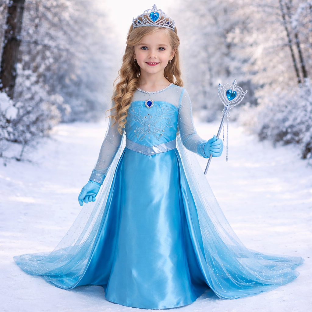 Betoverend Elsa Prinsessen Kostuum voor Kinderen – Compleet met Tiara, Toverstaf en Handschoenen
