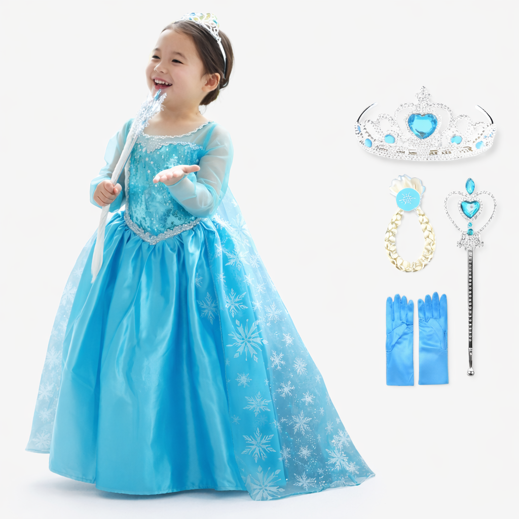 Betoverend Elsa Prinsessen Kostuum voor Kinderen – Compleet met Tiara, Toverstaf en Handschoenen