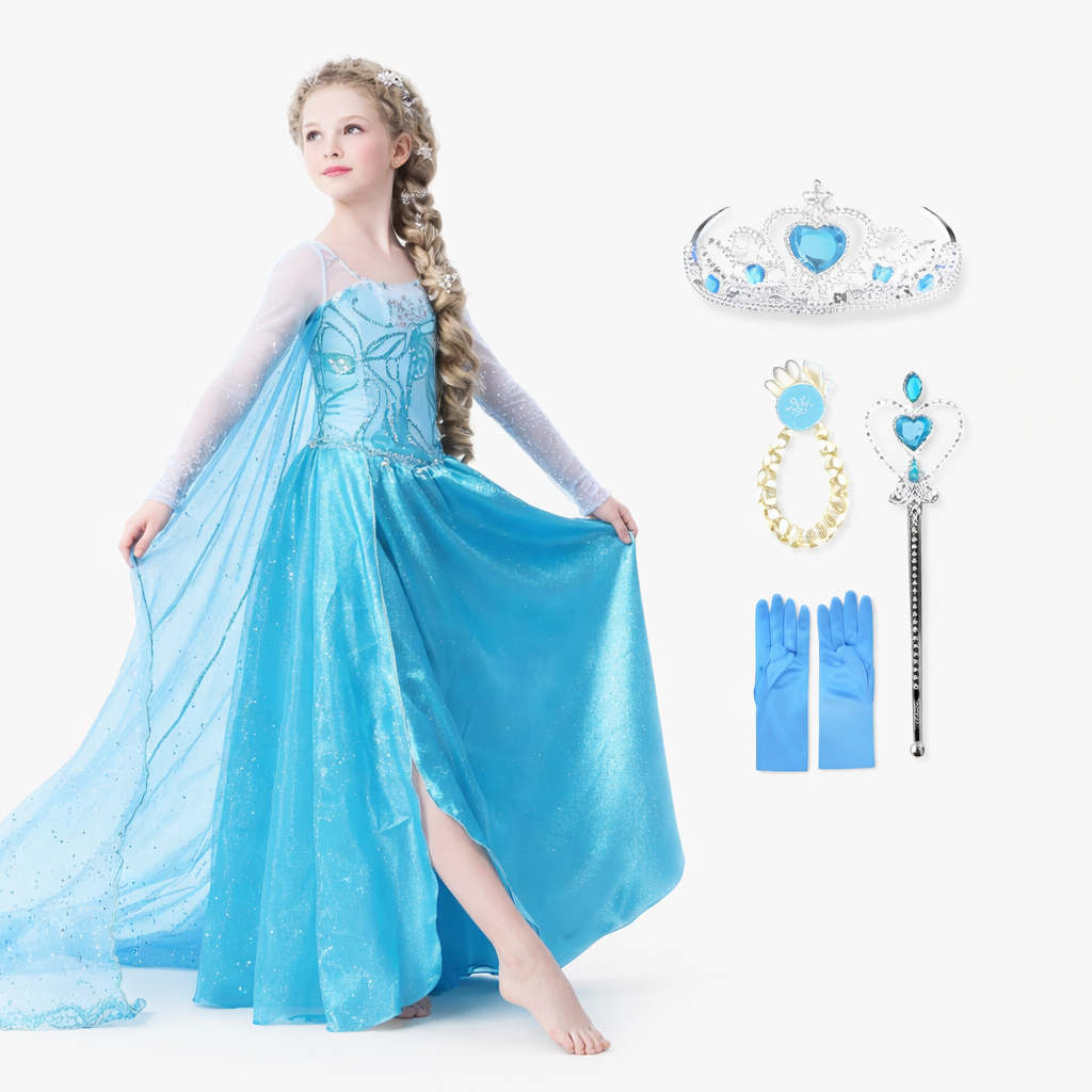Betoverend Elsa Prinsessen Kostuum voor Kinderen – Compleet met Tiara, Toverstaf en Handschoenen