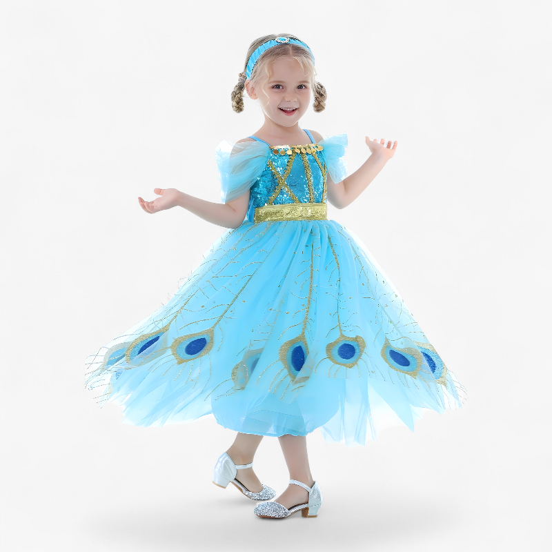 Elegante Pauwenveer Prinsessenjurk voor Meisjes – Met Glitters en Kant-Mijn Verkleedkist