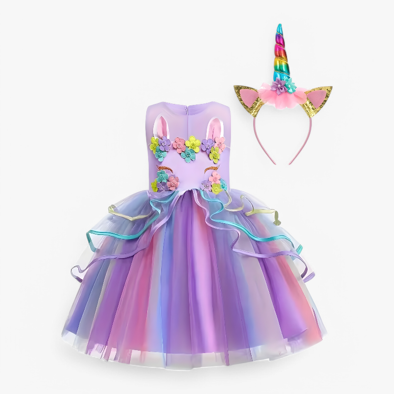 Fantasierijke Eenhoorn Prinsessenjurk – Met Bloemen en Kleurrijke Tulle-Mijn Verkleedkist