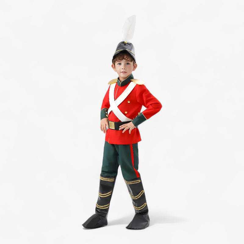 Elegante Soldaat Outfit voor Kinderen – Inclusief Rode Jas, Zwarte Laarzen en Gevederde Hoed-Mijn Verkleedkist