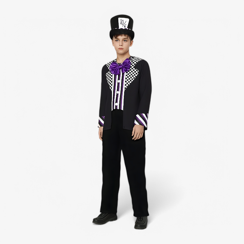 Vrolijk Clowns Kostuum voor Jongens – Zwart met Paarse Accenten, Hoed en Strik-Mijn Verkleedkist