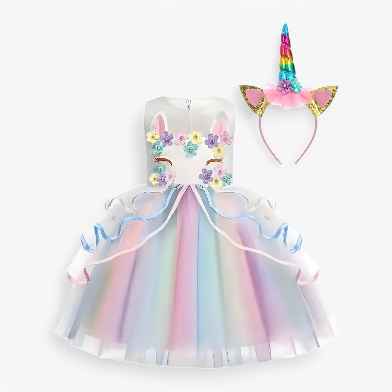 Fantasierijke Eenhoorn Prinsessenjurk – Met Bloemen en Kleurrijke Tulle-Mijn Verkleedkist