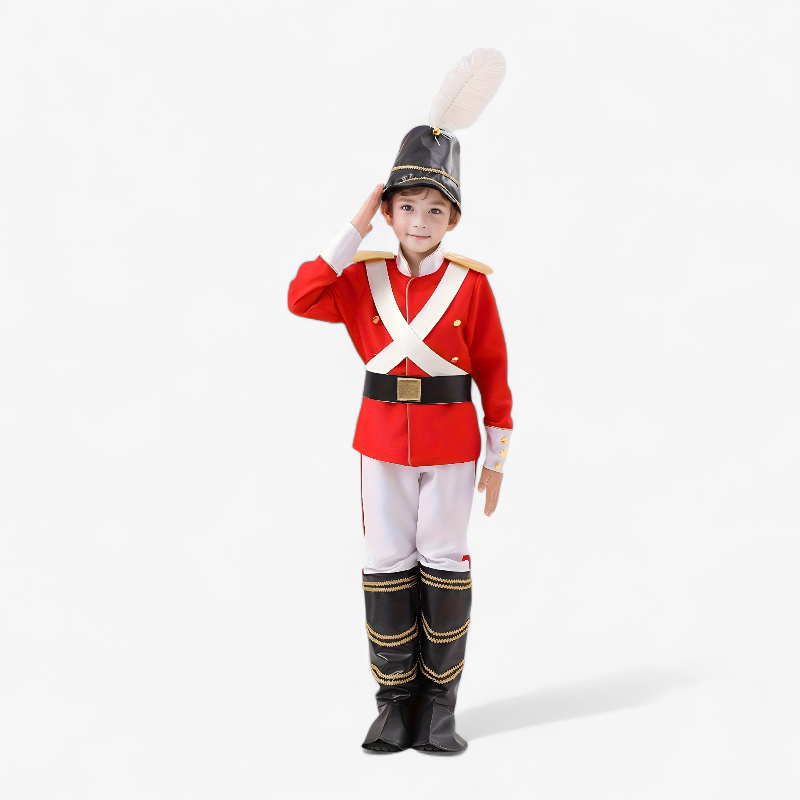 Elegante Soldaat Outfit voor Kinderen – Inclusief Rode Jas, Zwarte Laarzen en Gevederde Hoed-Mijn Verkleedkist