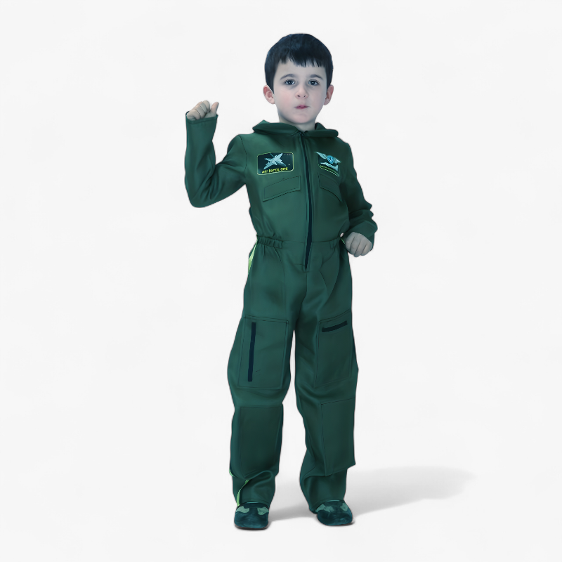 Luchtmacht Kostuum voor Kinderen – Pilot Jumpsuit met Emblemen en Gedetailleerde Zakjes-Mijn Verkleedkist
