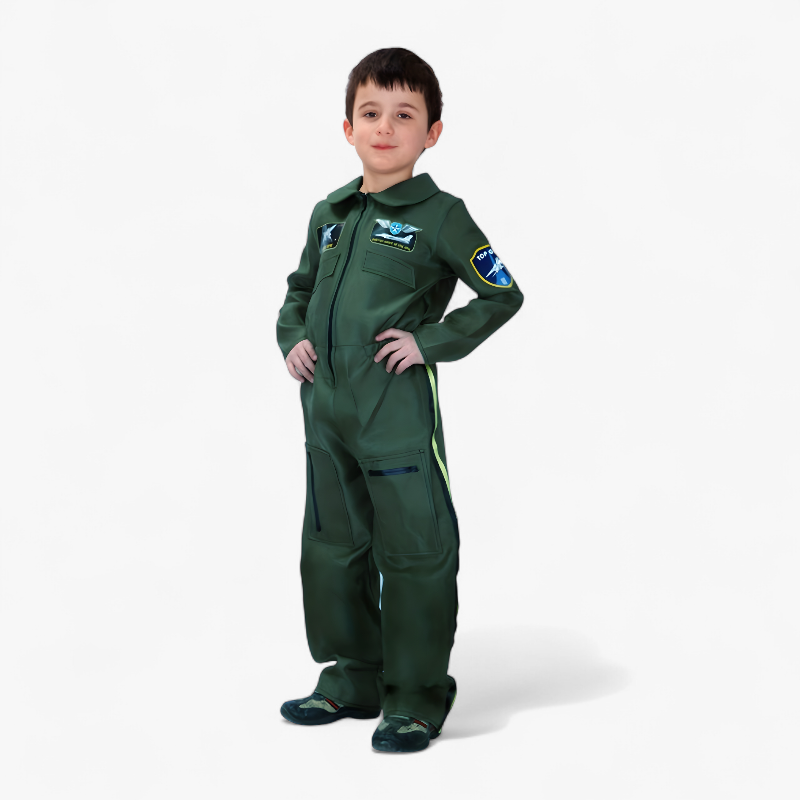 Luchtmacht Kostuum voor Kinderen – Pilot Jumpsuit met Emblemen en Gedetailleerde Zakjes-Mijn Verkleedkist
