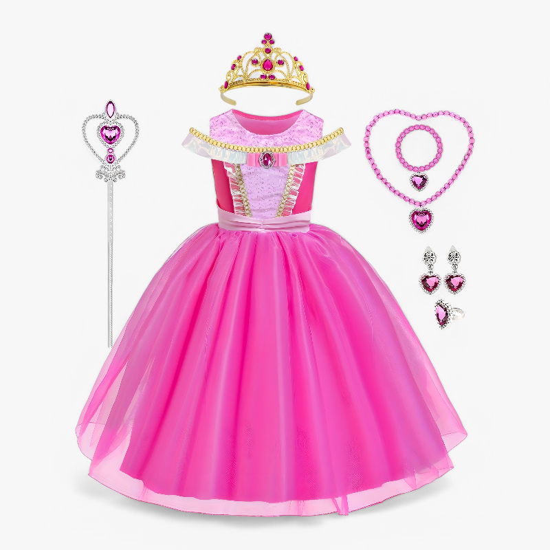 Rose-Rode Prinsessenoutfit voor Meisjes – Inclusief Kroon en Accessoires-Mijn Verkleedkist