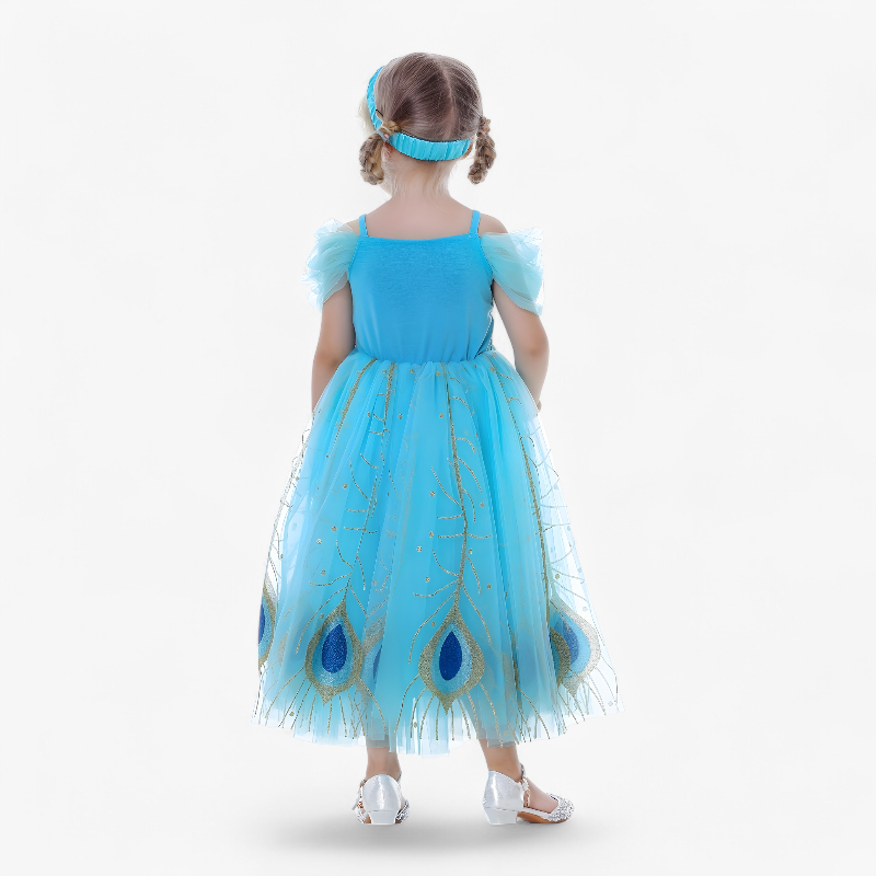 Elegante Pauwenveer Prinsessenjurk voor Meisjes – Met Glitters en Kant-Mijn Verkleedkist