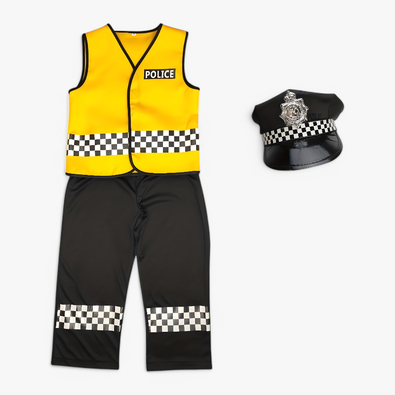 Politie Kostuum voor Kinderen – Geel Vest, Checkered Accenten en Hoed met Accessoires-Mijn Verkleedkist