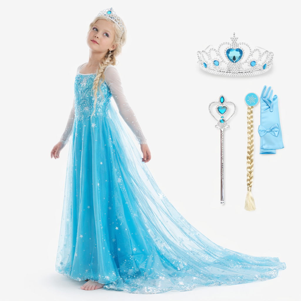 Betoverend Elsa Prinsessen Kostuum voor Kinderen – Compleet met Tiara, Toverstaf en Handschoenen