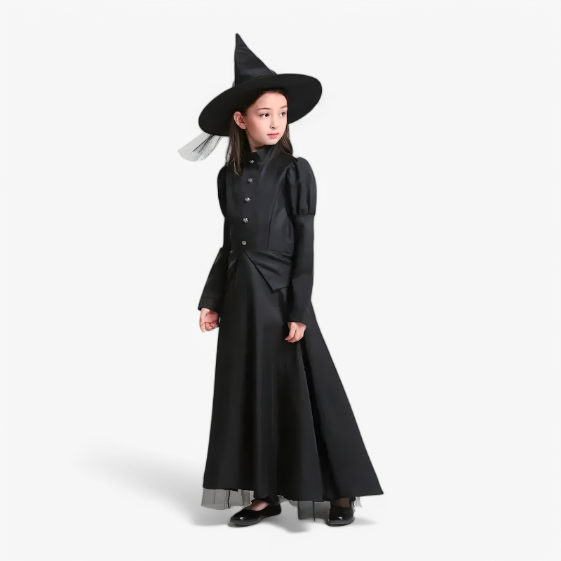 Wicked Heksen Kostuum voor Kinderen – Luxe Zwart Volledige Lengte Jurk-Mijn Verkleedkist