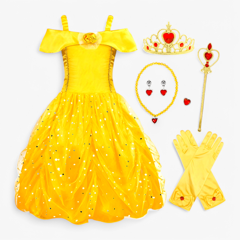 Gouden Prinsessenjurk met Accessoires voor Meisjes – Inclusief Tiara, Toverstaf, Sieraden en Handschoenen-Mijn Verkleedkist