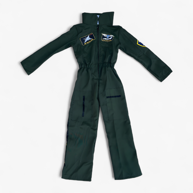 Luchtmacht Kostuum voor Kinderen – Pilot Jumpsuit met Emblemen en Gedetailleerde Zakjes-Mijn Verkleedkist