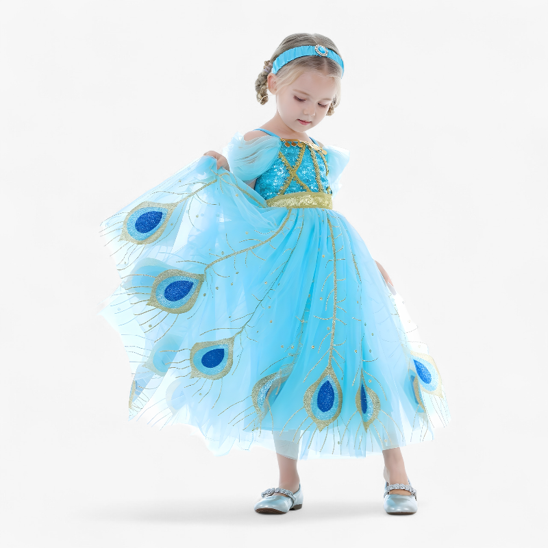 Elegante Pauwenveer Prinsessenjurk voor Meisjes – Met Glitters en Kant-Mijn Verkleedkist