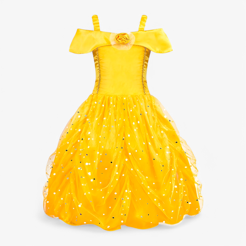 Gouden Prinsessenjurk met Accessoires voor Meisjes – Inclusief Tiara, Toverstaf, Sieraden en Handschoenen-Mijn Verkleedkist