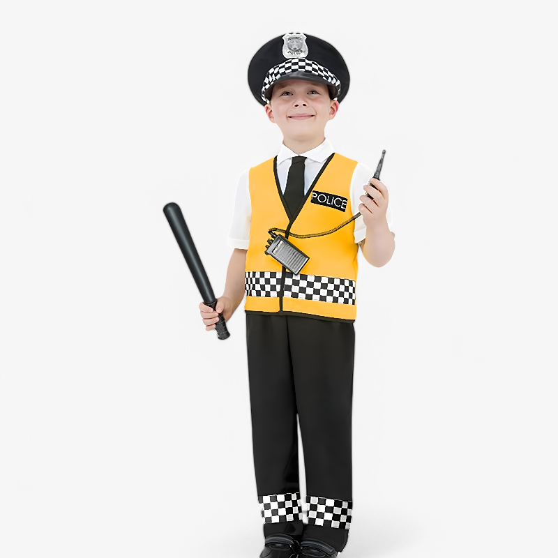 Politie Kostuum voor Kinderen – Geel Vest, Checkered Accenten en Hoed met Accessoires-Mijn Verkleedkist